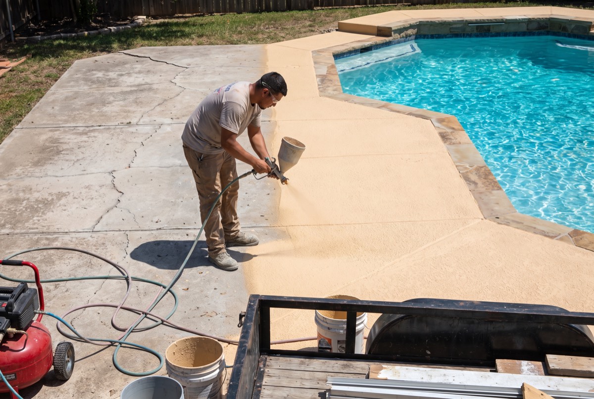 Worker spraying new cool-deck texture over an old cracked pool deck in Carrollton, TX