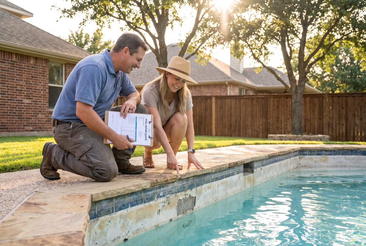 Contractor and homeowner inspecting pool waterline plaster together during a free quote visit