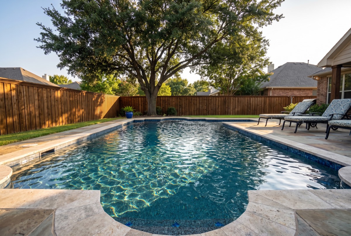 Backyard pool with new deep blue pebble finish and travertine coping in Carrollton, TX