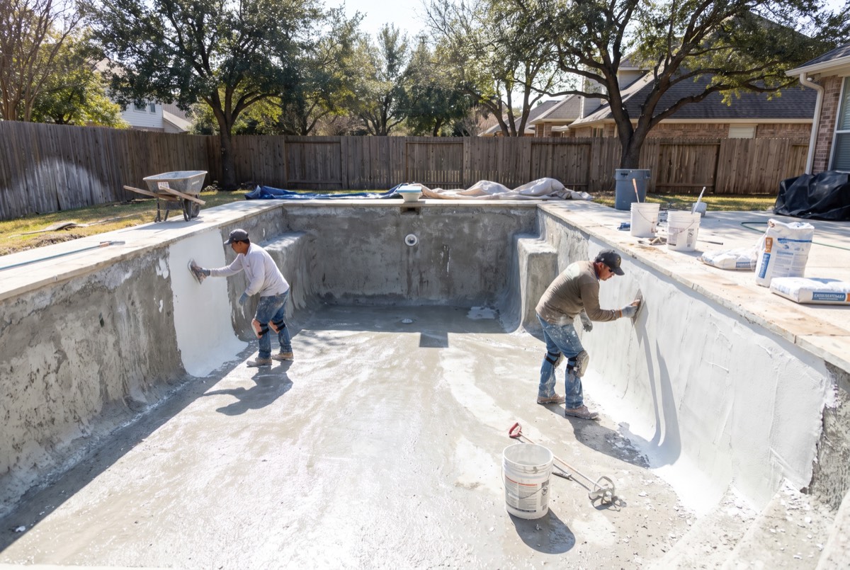 Crew hand-troweling fresh white plaster in a drained gunite pool in Carrollton, TX