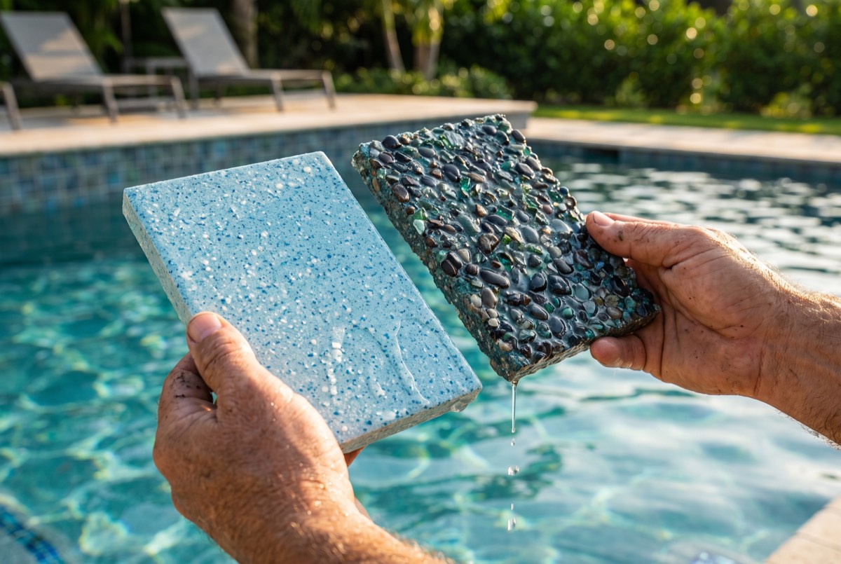 Wet quartz and pebble pool finish samples held over sparkling pool water